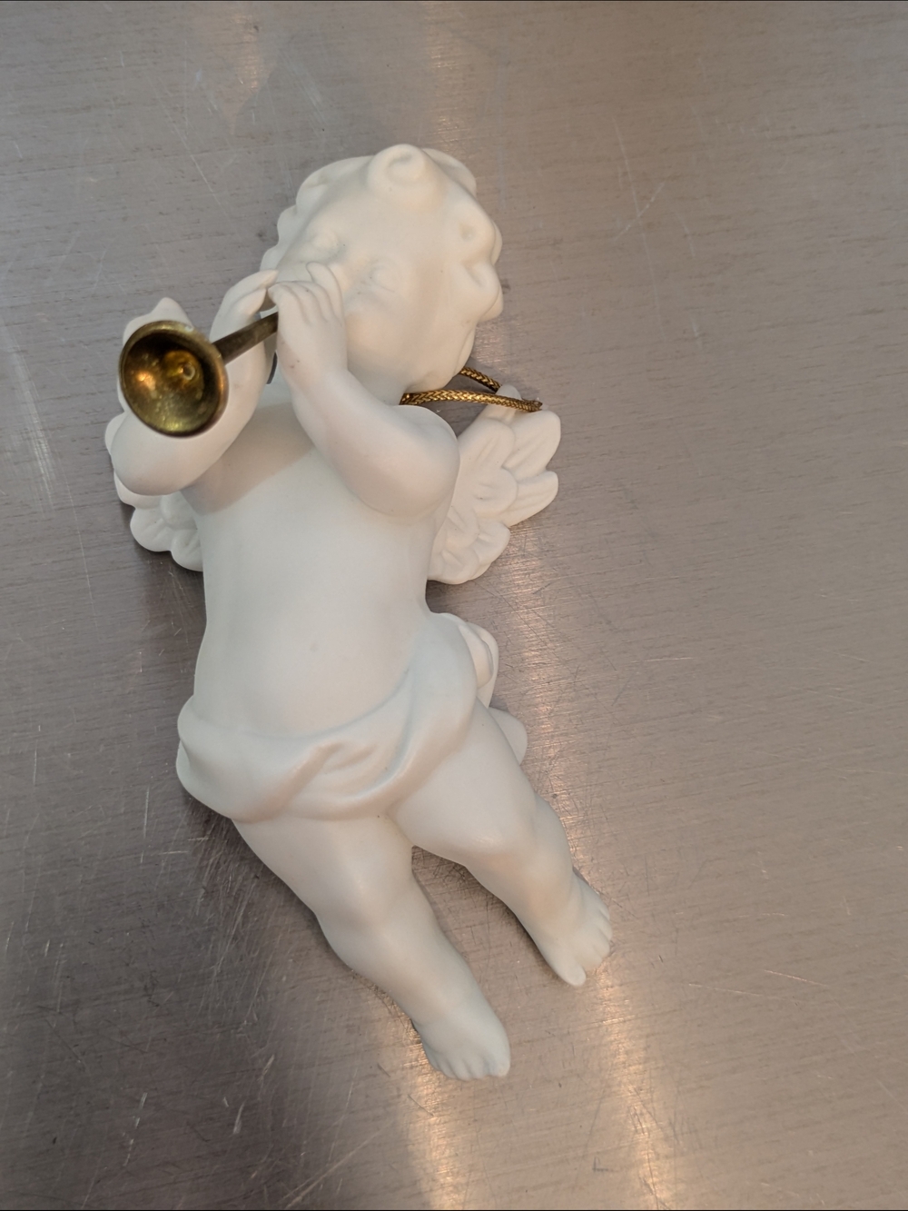 White Cherub Angel Figurine with Gold Trumpet